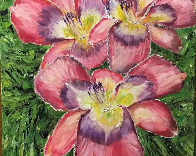 Day Lily Flowers Wall Art Original Oil Painting 16 x 20 in