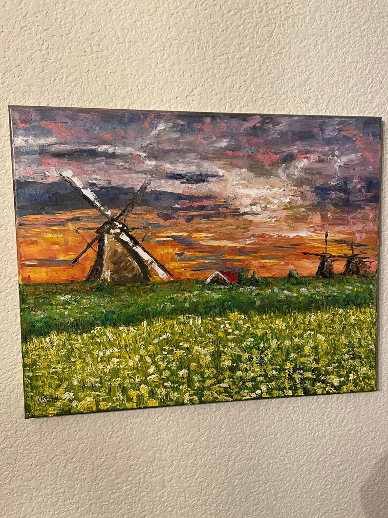 Wind Mill Landscape Sunset Wall Art Wall Décor Impasto Etsy