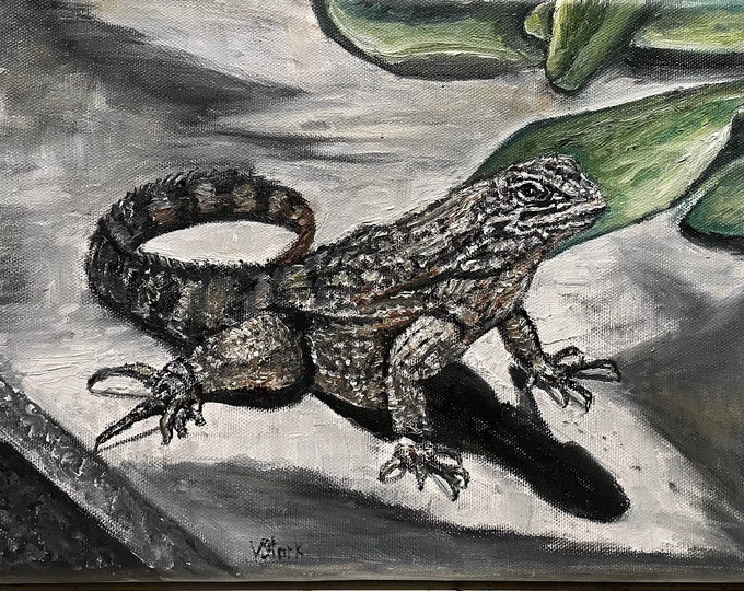 Caiman Lizard Wall Art Original Oil Painting 12"X9"