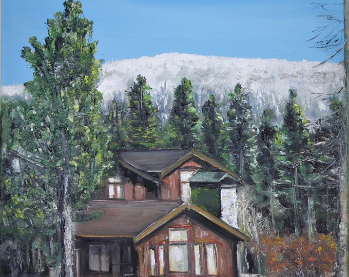 Landscape Tahoe Mountain House Wall Art Wall Décor Original Oil Painting 16 x 20 in