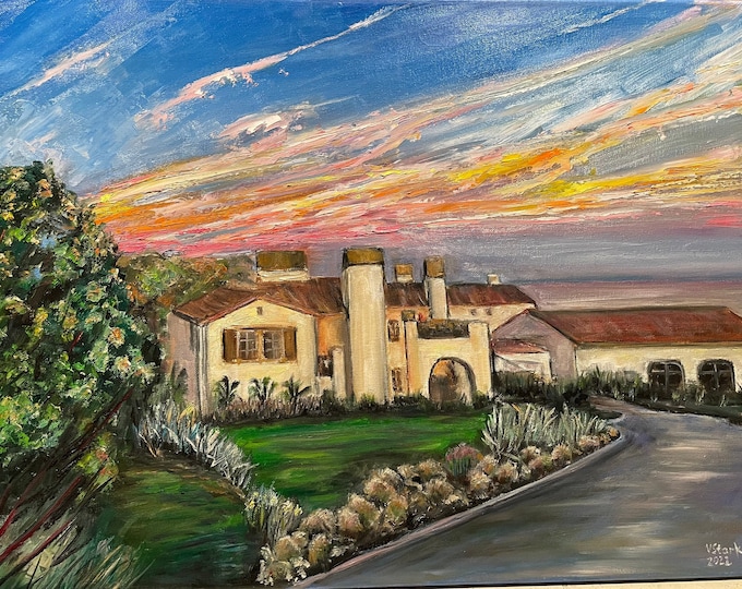Southern California Sunset Houses Terranea Resort Palos Verdes Wall Art Original Oil Painting 18 x 24 in
