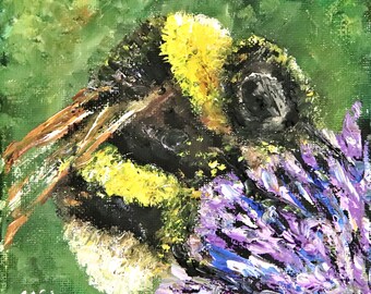 Bumblebee on Clover Small Painting Wall Art Original Oil Painting 5x5 in