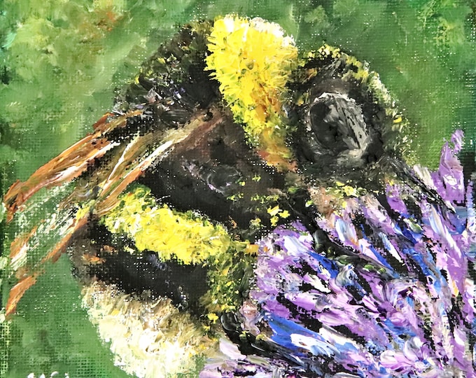 Bumblebee on Clover Small Painting Wall Art Original Oil Painting 5x5 in