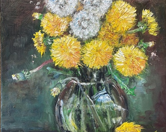 Dandelion Bouquet Original Oil Painting, Floral Still Life, Yellow Wildflowers in Glass Vase, Rustic Farmhouse Wall Art