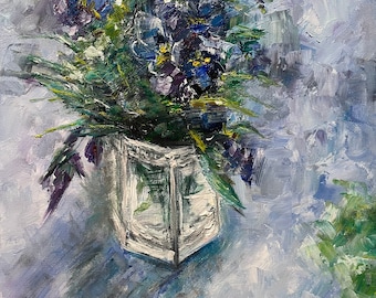 Flowers Bouquet Blue Abstract Original Oil Painting 10x10 in