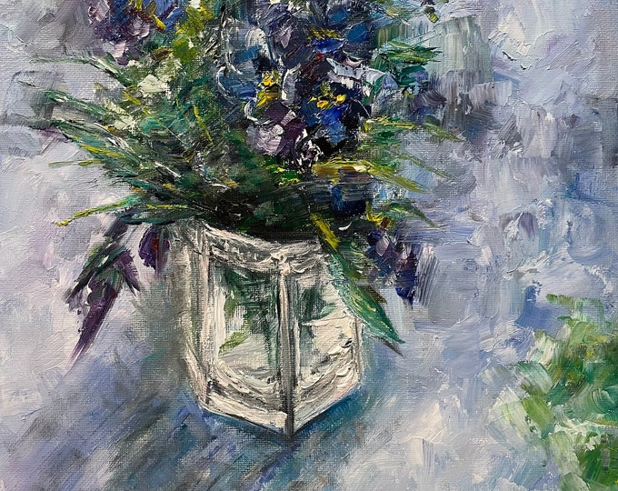 Flowers Bouquet Blue Abstract Original Oil Painting 10x10 in