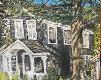 May include: A painting of a house with a large tree in front of it. The house is painted in shades of gray and white, with white trim. The tree is painted in shades of green and brown, with a thick trunk and branches that reach up to the sky. The painting is done in a realistic style, with details like the leaves on the tree and the windows on the house.