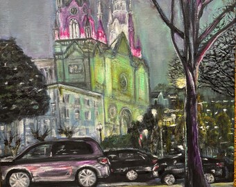 San Francisco at Night Cityscape Saints Peter and Paul Church San Francisco CA Original Oil Painting Wall Art 16"X20"