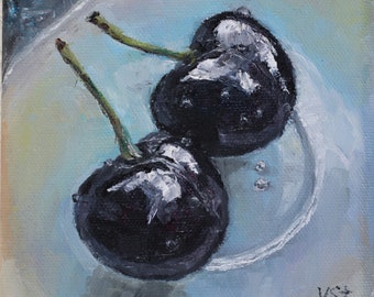 Two Cherries on Saucier Small Painting Wall Art Original Oil Painting 5 x 5 in
