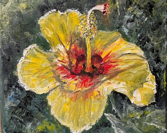 Yellow Hibiscus Flower Original Oil Painting 8"X8"