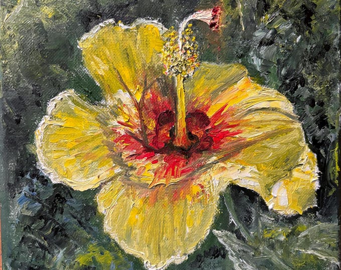 Yellow Hibiscus Flower Original Oil Painting 8"X8"