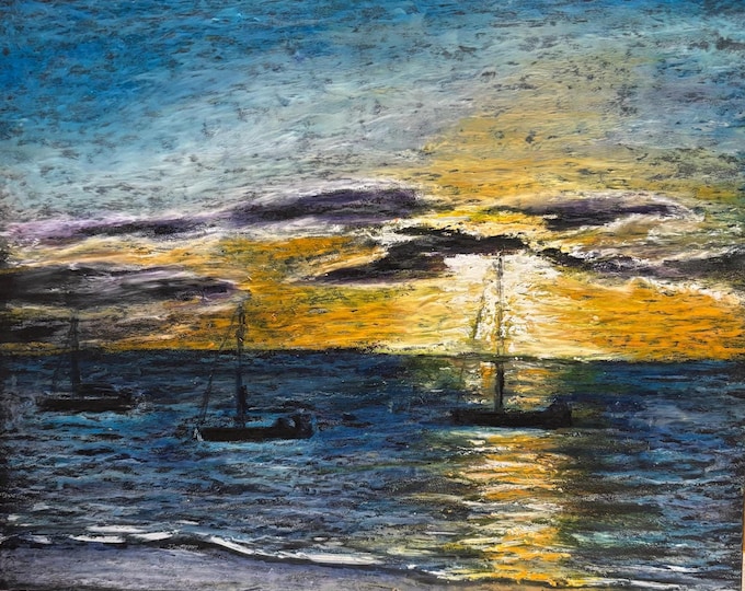Oil Pastel Sunset at the Ocean Hawaii Coast Pastelbord Panel Pastel Art Original Drawing 10"X8"