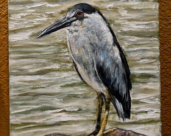 Black Crowned Night Heron Bird Original Oil Painting Wall Art 12”X16”