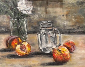 Still Life with Peaches Original Oil Painting Wall Art Impression 16" X 12"