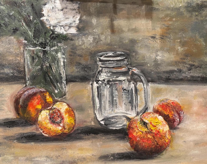 Still Life with Peaches Original Oil Painting Wall Art Impression 16" X 12"