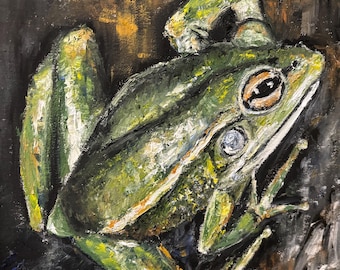 Funny Green Frog Original Oil Painting Wall Art  11"X14"