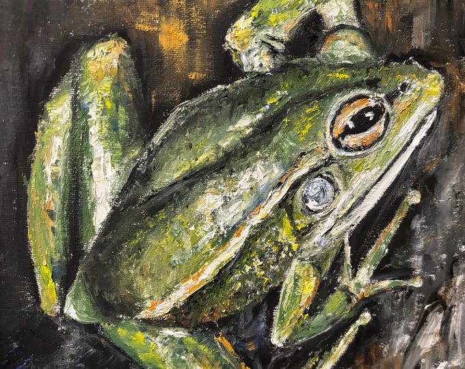 Funny Green Frog Original Oil Painting Wall Art  11"X14"