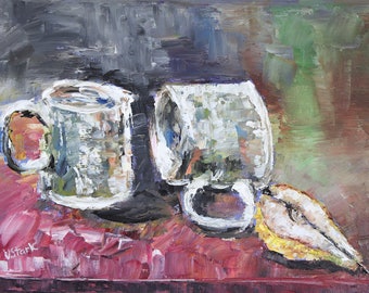 Still Life with Half Pear Impasto Original Oil Painting 9x12 in