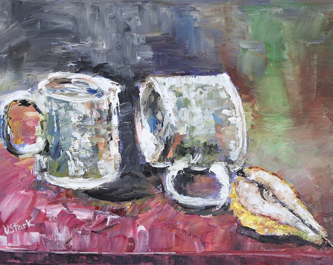 Still Life with Half Pear Impasto Original Oil Painting 9x12 in