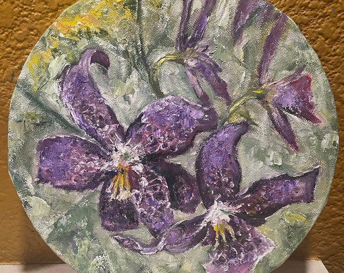 Purple Orchids Round Wall Art Original Oil Painting 8 in diameter