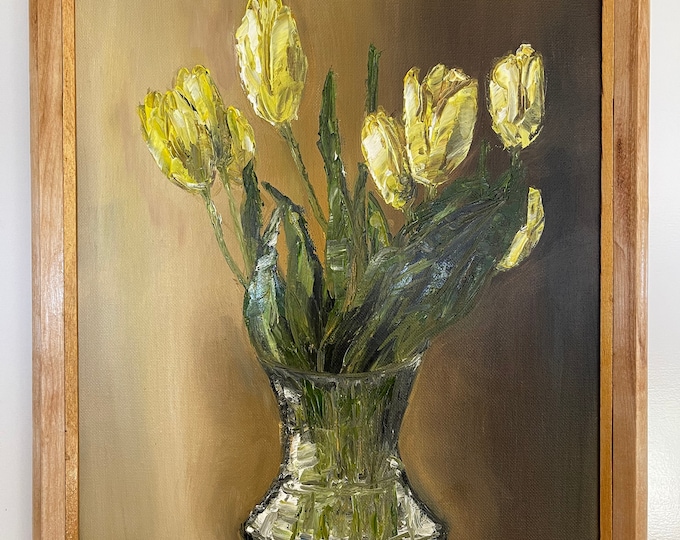Flowers Yellow Tulips in Vase Impasto Framed Wall Art Original Oil Painting 12 x 16 in