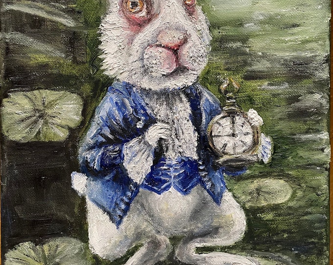 The White Rabbit with Watches on Waterlily Leaves Original Oil Painting Wall Art 9"X12"