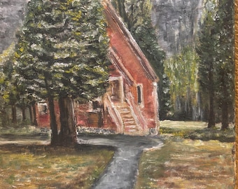 Yosemite Landscape Cabin Original Oil Painting Wall Art 11" x 14"