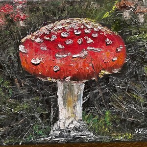 Red Cap Mushroom Wild Mushroom Beauty of the Woods Wall Art Original Oil Painting 10X8 in