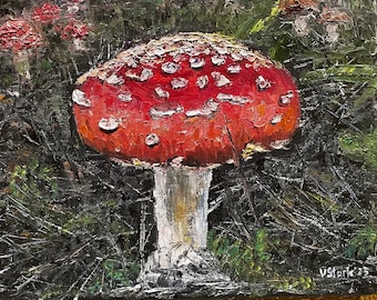 Red Cap Mushroom Wild Mushroom Beauty of the Woods Wall Art Original Oil Painting 10X8 in