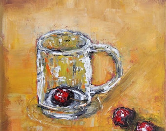 A Cup Cherries Wall Art Still Life Impasto Original Oil Painting 8x8 in