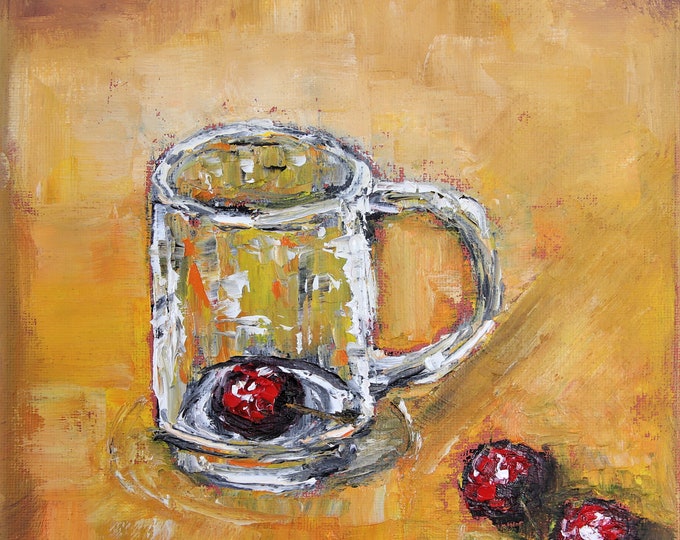 A Cup Cherries Wall Art Still Life Impasto Original Oil Painting 8x8 in