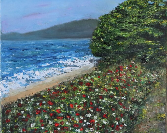 California Seascape Coastal Flowers Wall Art Original Oil Painting 12x16 in