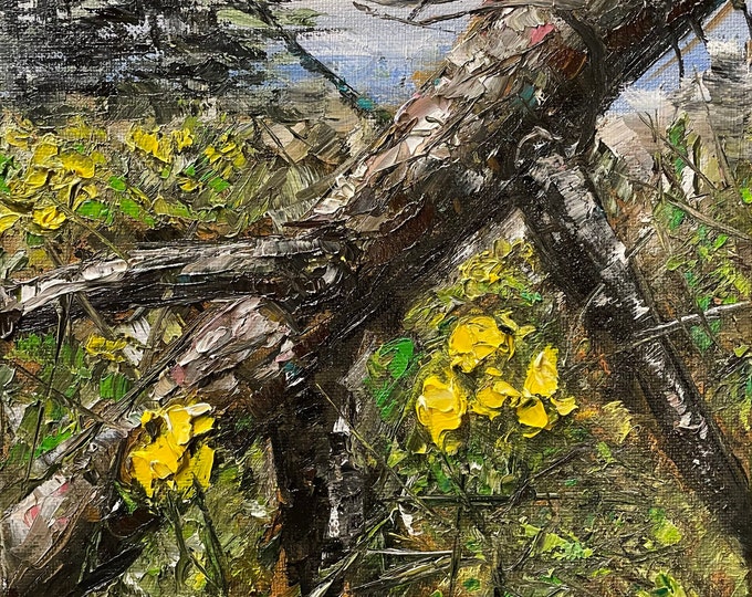 Forest Wildflowers Fallen Tree Yellow Flowers Wall Art Original Oil Painting 8x10 in