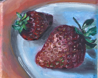 Two Strawberries on Plate Small Painting Wall Art Original Oil Painting 5 x 5 in