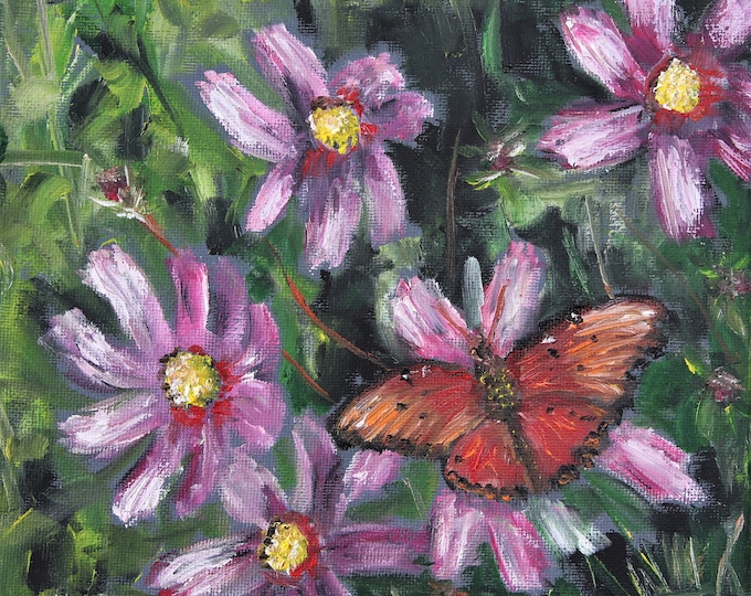 Flowers and Butterfly Wall Art Wall Decor Original Oil Painting 8x8 in