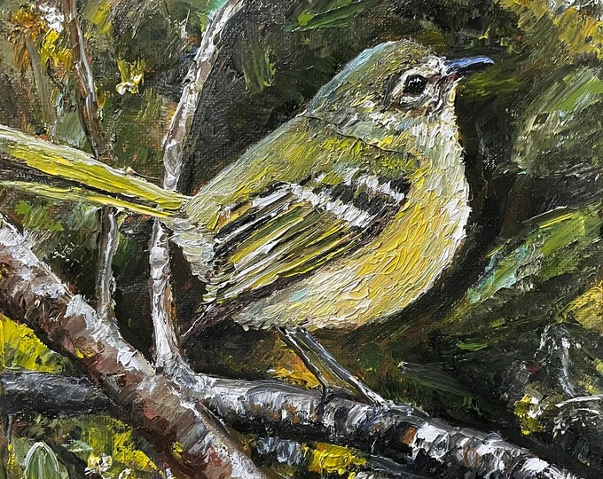 A Tiny Yellow Bird Small Warbler Wall Art Original Oil Painting 8"x8"