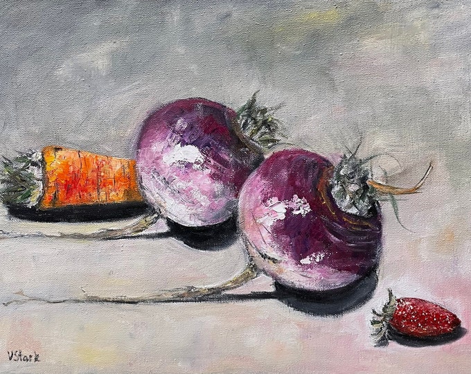Purple Turnips Still Life Veggies Wall Art Original Oil Painting 11 x 14 in