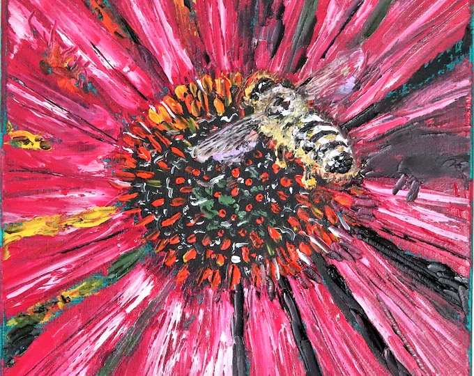 Honey Bee on Red Flower Wall Art Original Oil Painting 10 x 10 in
