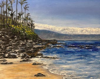 Hawaii Shoreline Maui Palms Rocks Sea Turtles Original Oil Painting Wall Art 16"X20"