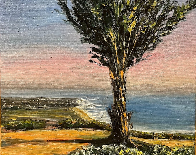 Pacifica California Single Tree Landscape Seascape Wall Art Original Oil Painting 11 x 14 in