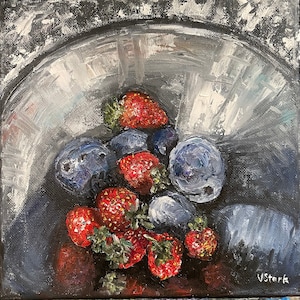 Strawberries and Plums Still Life Wall Art Original Oil Painting 8 x 8 in