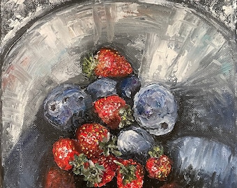 Strawberries and Plums Still Life Wall Art Original Oil Painting 8 x 8 in