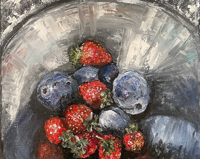 Strawberries and Plums Still Life Wall Art Original Oil Painting 8 x 8 in