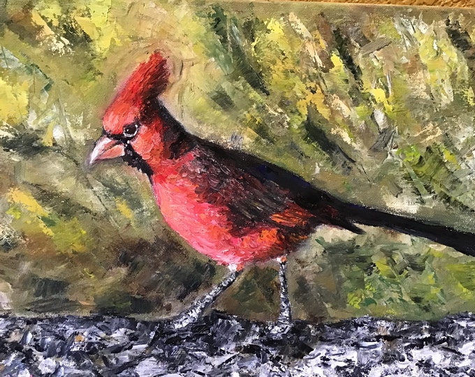 Red Cardinal Bird Wall Art Original Oil Painting 11 x 14 in