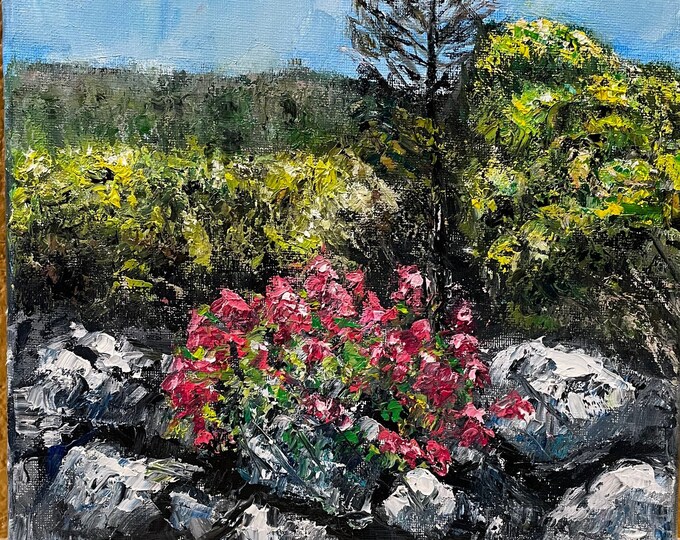 Wild Flowers on Rocks Impasto Wall Art Original Oil Painting 10x10 in