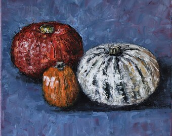 Three Pumpkins Wall Art Impasto Original Oil Painting 12x12in