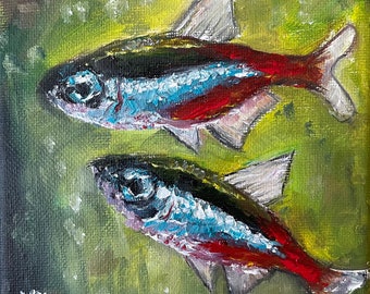 Neon Fish Small Painting Wall Art Original Oil Painting 5 x 5 in