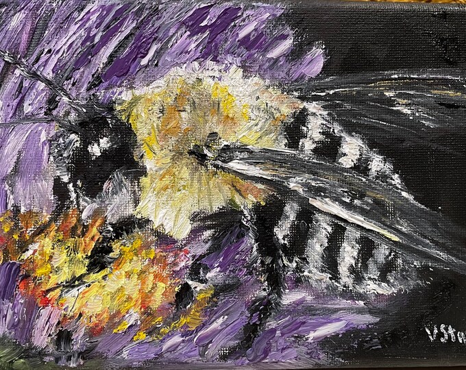Bumblebee on Purple Flower Wall Art Original Oil Painting 5"x7"