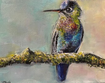Hummingbird on a Tree Brunch Original Oil Painting Wall Art 10"X8"