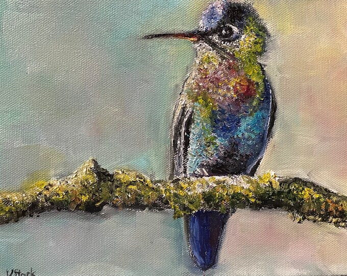 Hummingbird on a Tree Brunch Original Oil Painting Wall Art 10"X8"